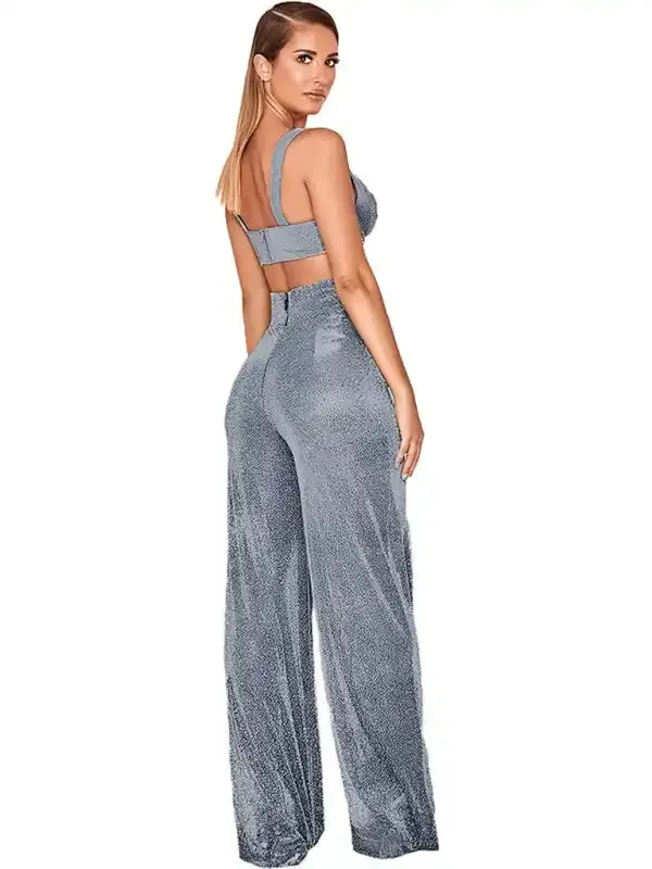 Hot Silver Wide Leg Pants High Waist Straight Ladies Casual Pants