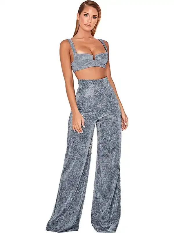 Hot Silver Wide Leg Pants High Waist Straight Ladies Casual Pants
