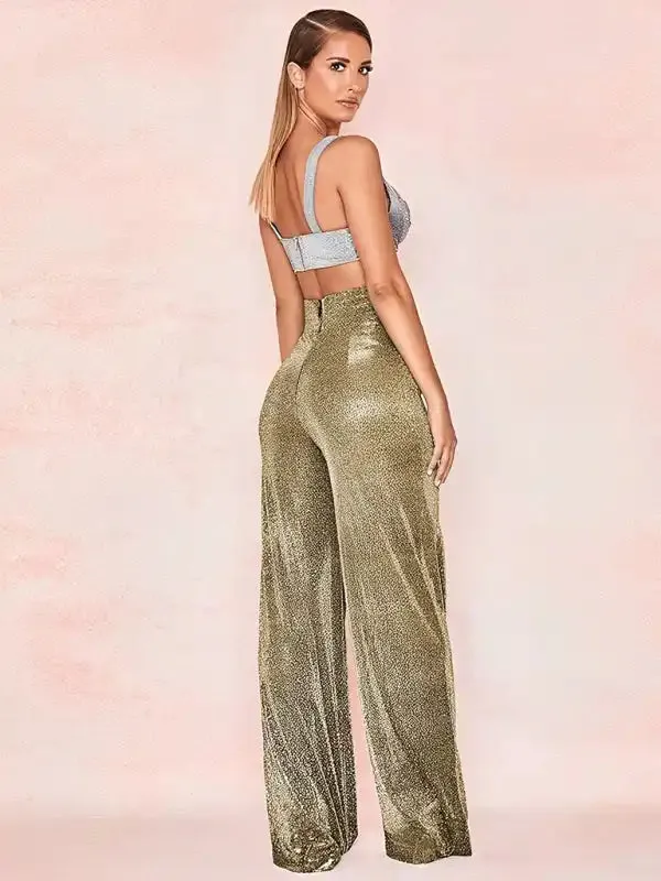 Hot Silver Wide Leg Pants High Waist Straight Ladies Casual Pants