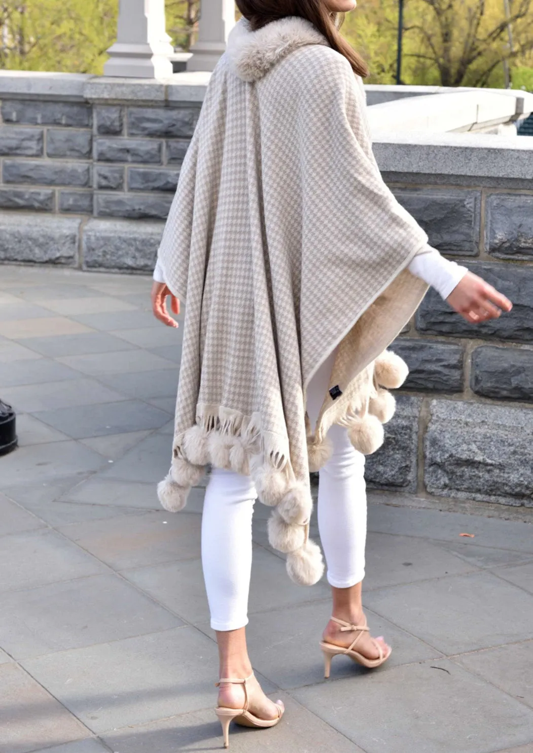 Houndstooth Ruana with Faux Trim & Poms - Beige