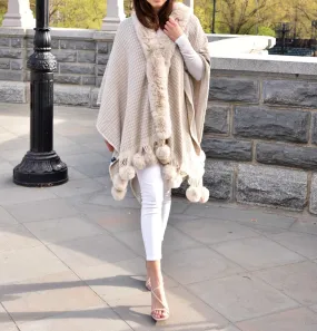 Houndstooth Ruana with Faux Trim & Poms - Beige