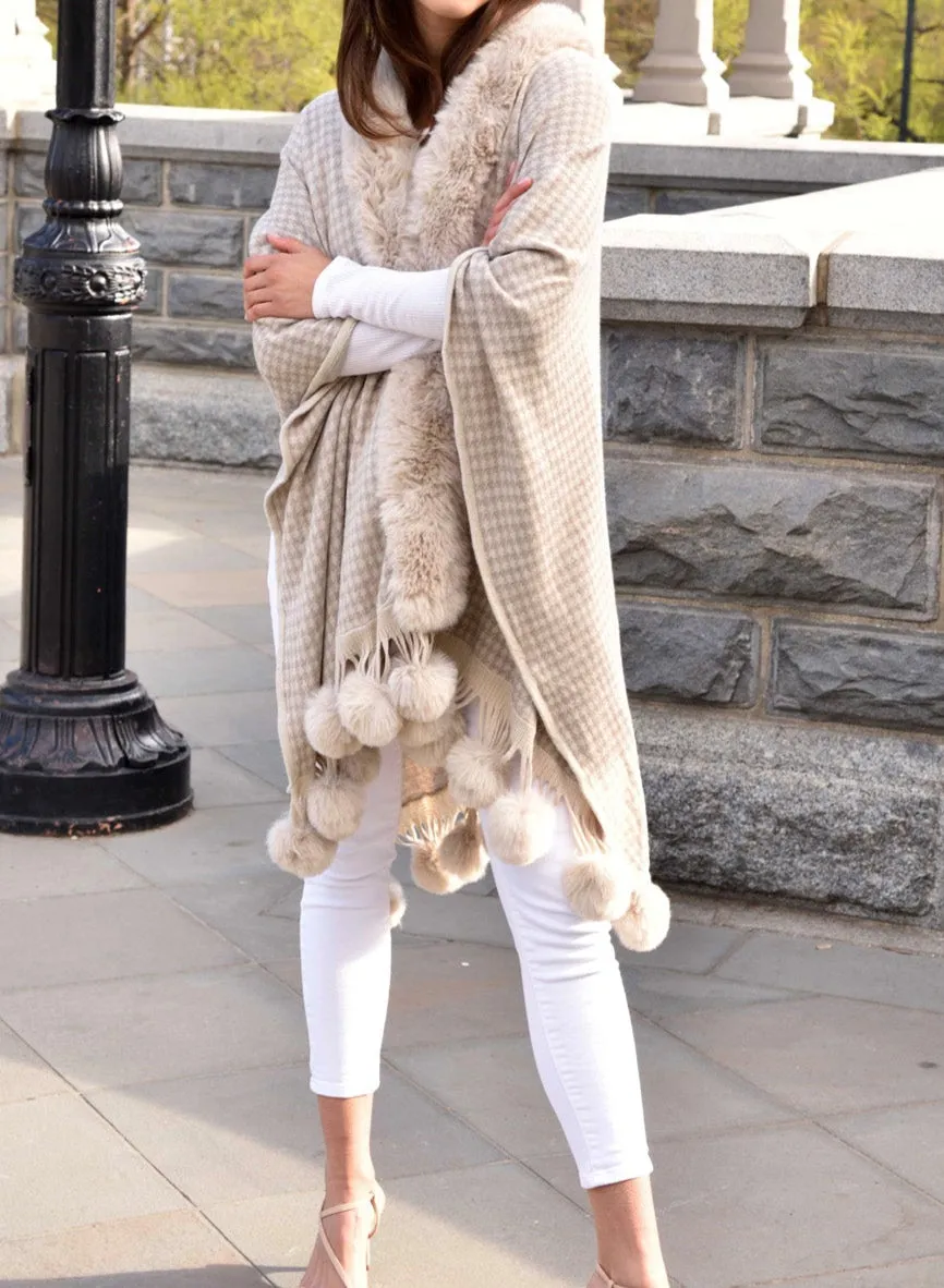 Houndstooth Ruana with Faux Trim & Poms - Beige