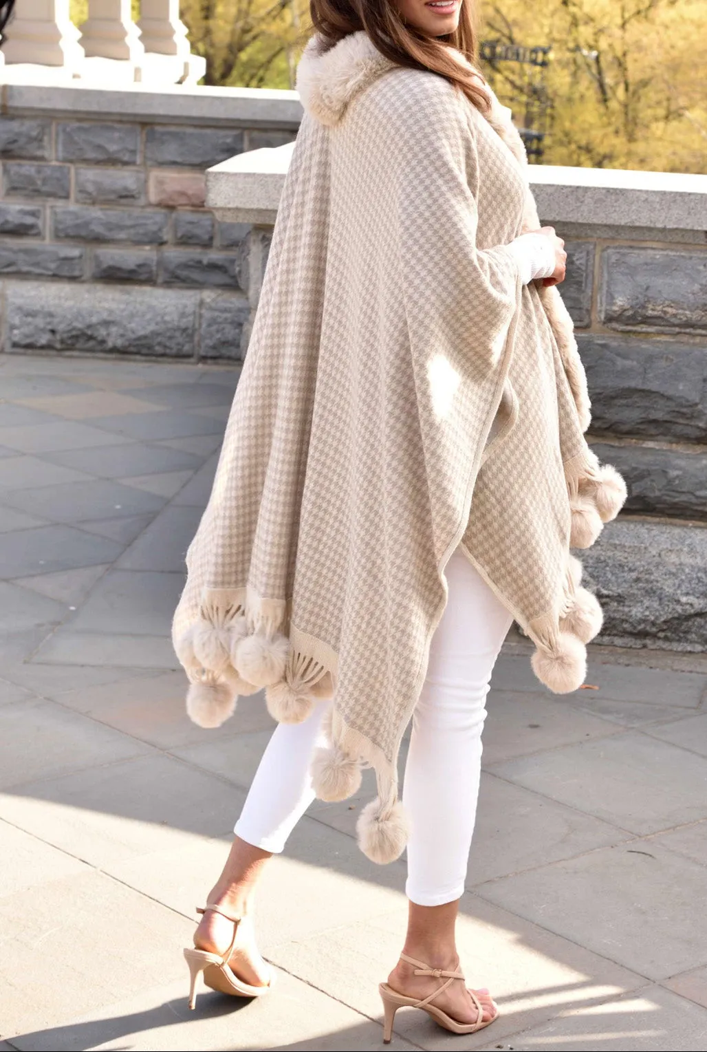 Houndstooth Ruana with Faux Trim & Poms - Beige