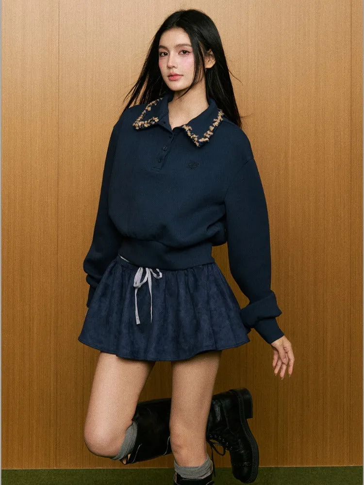 Knit Striped Collar Polo Sweatshirt & Skirt Set