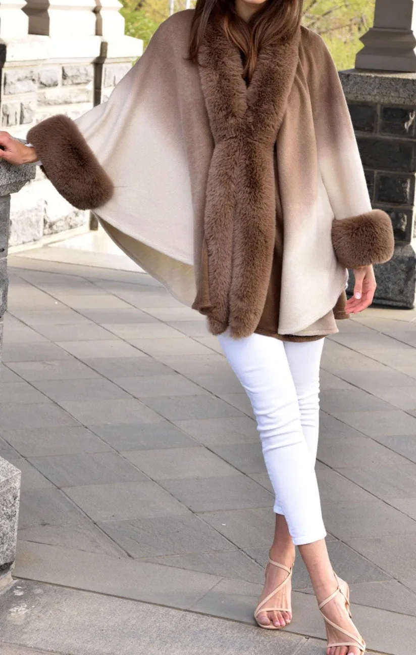 La Fiorentina Ombre Cape with Faux Trim - Camel