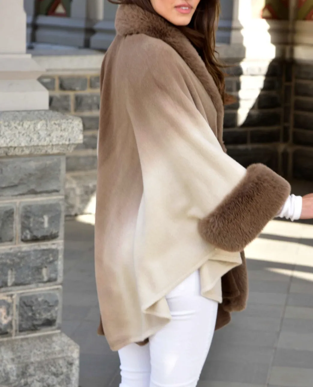 La Fiorentina Ombre Cape with Faux Trim - Camel