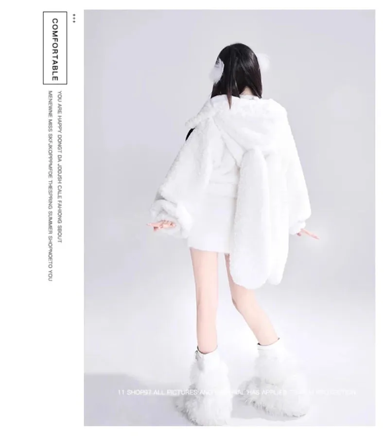 Lautaro Autumn Winter Sweet Cute Lovely Warm Soft White Short Faux Fur Coat Women  with Bunny Ears Fluffy Jacket Hoodie 2023