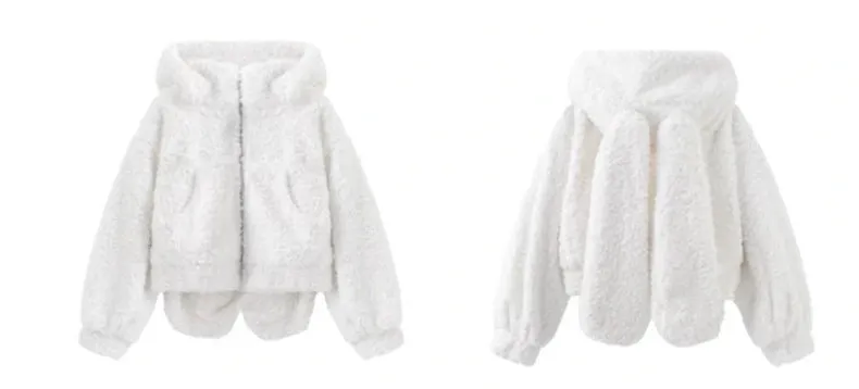 Lautaro Autumn Winter Sweet Cute Lovely Warm Soft White Short Faux Fur Coat Women  with Bunny Ears Fluffy Jacket Hoodie 2023