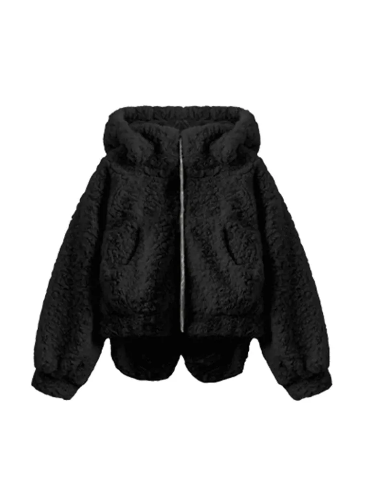 Lautaro Autumn Winter Sweet Cute Lovely Warm Soft White Short Faux Fur Coat Women  with Bunny Ears Fluffy Jacket Hoodie 2023
