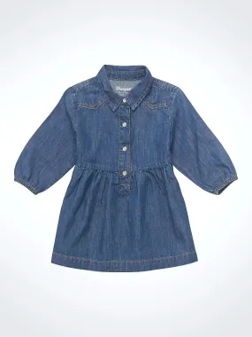 Little Girl's Denim Ruffle Yoke Dress in Blue Denim
