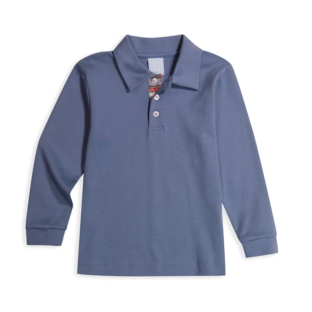 Long Sleeve Pima Polo with Printed Contrast Collar -- Steel Blue w/ Lawson Madras