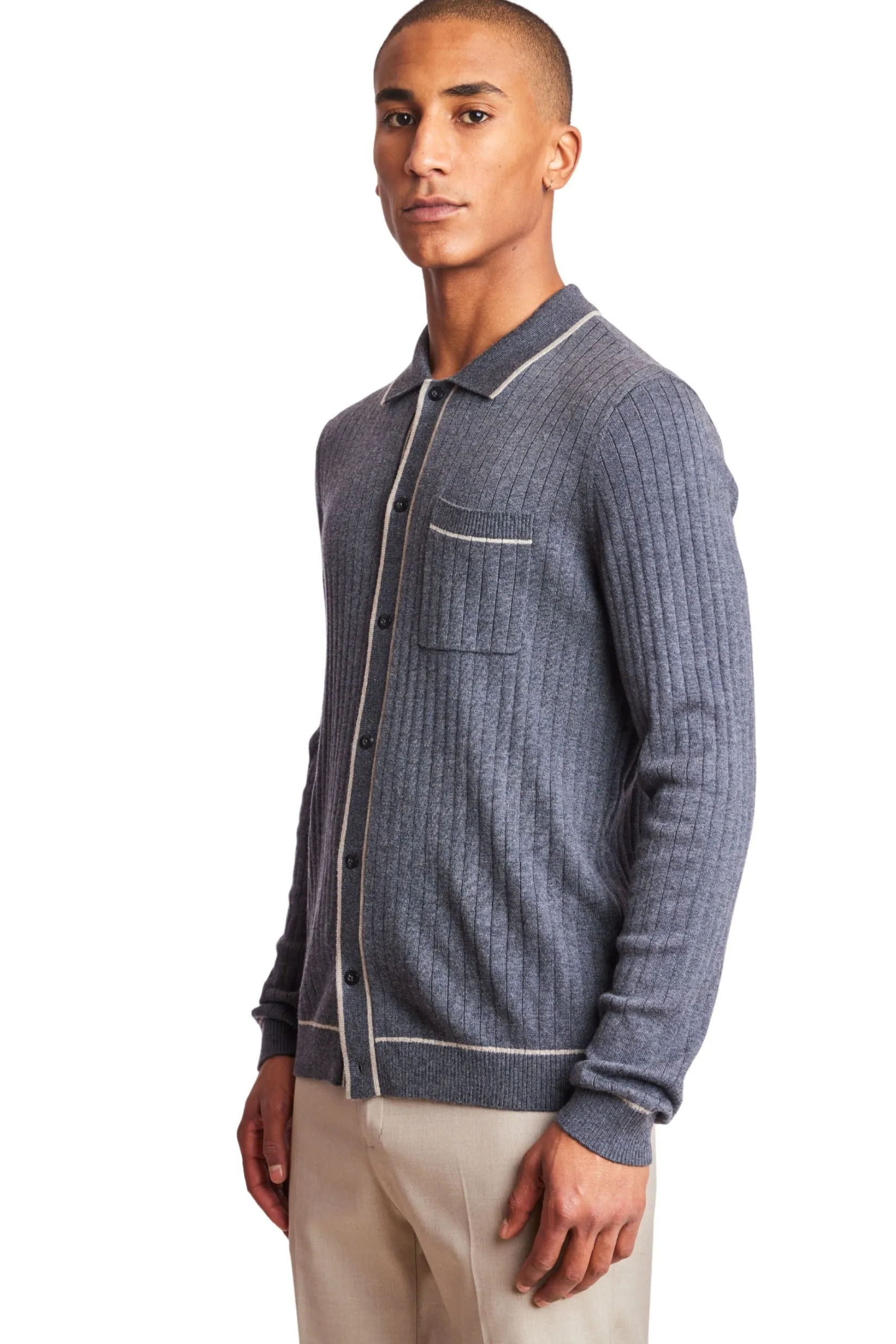 L/S Full Button Tipped Polo - Charcoal