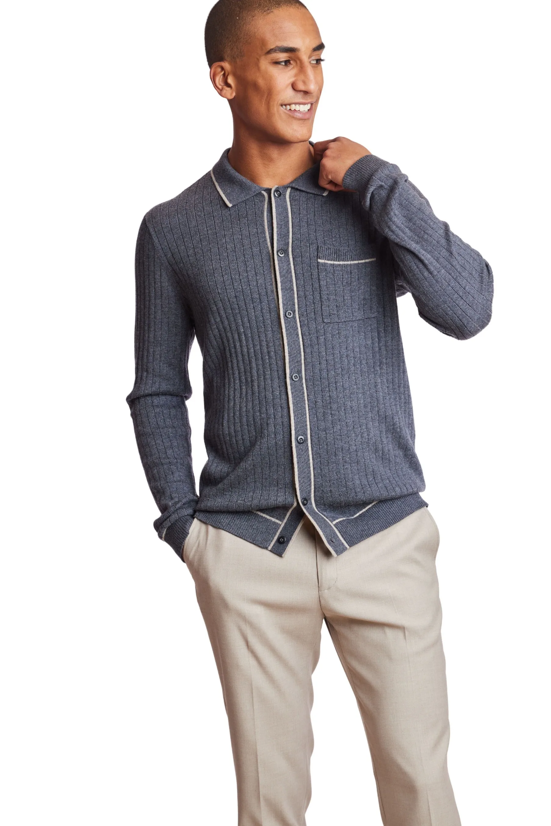 L/S Full Button Tipped Polo - Charcoal