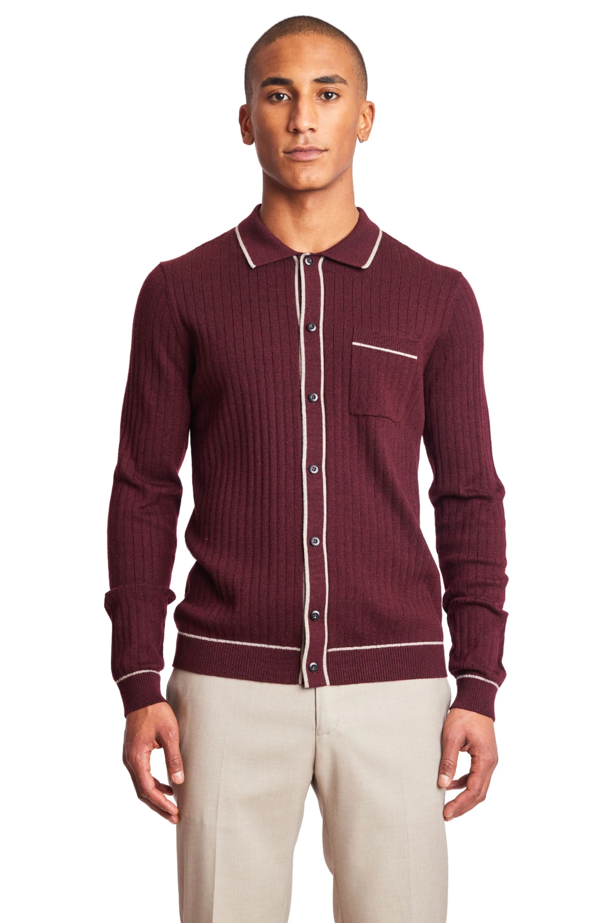 L/S Full Button Tipped Polo - Malbec