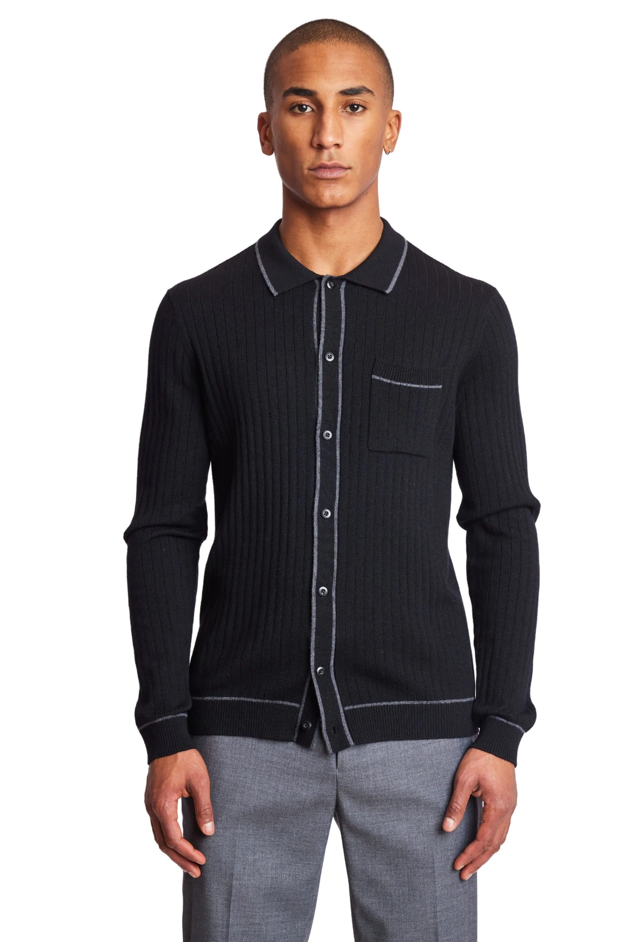 L/S Full Button Tipped Polo - Onyx Black