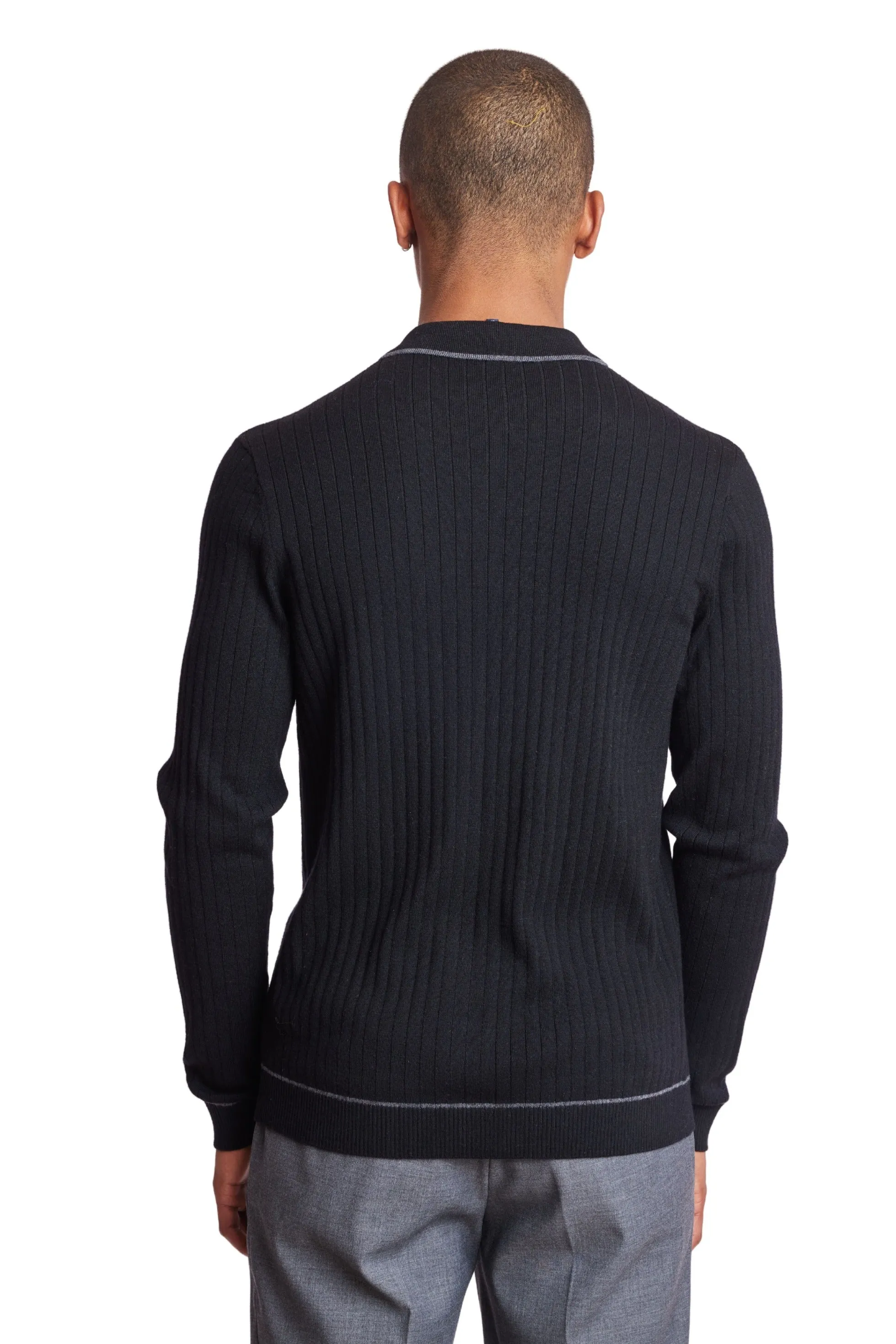 L/S Full Button Tipped Polo - Onyx Black