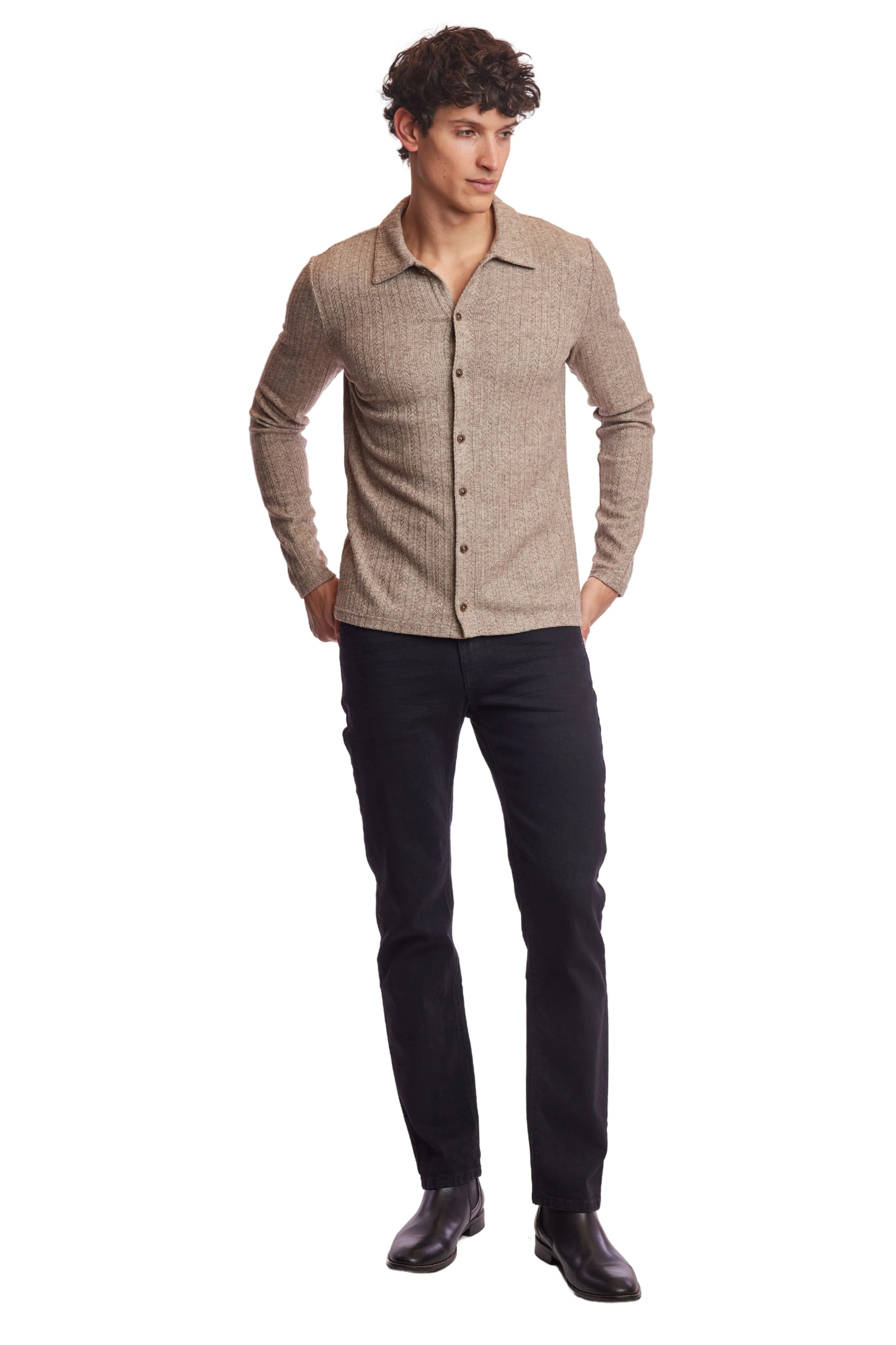 L/S Pointelle Full Button Polo - Heather Beige