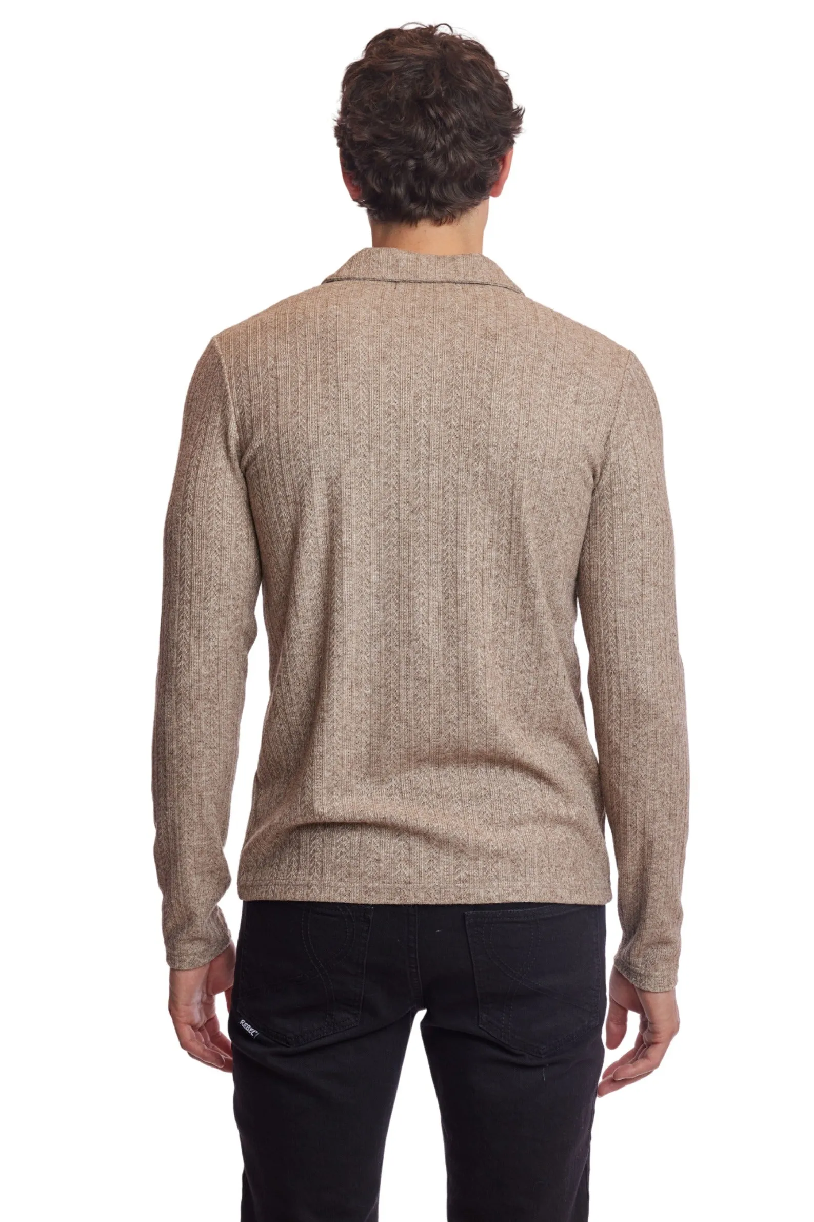 L/S Pointelle Full Button Polo - Heather Beige