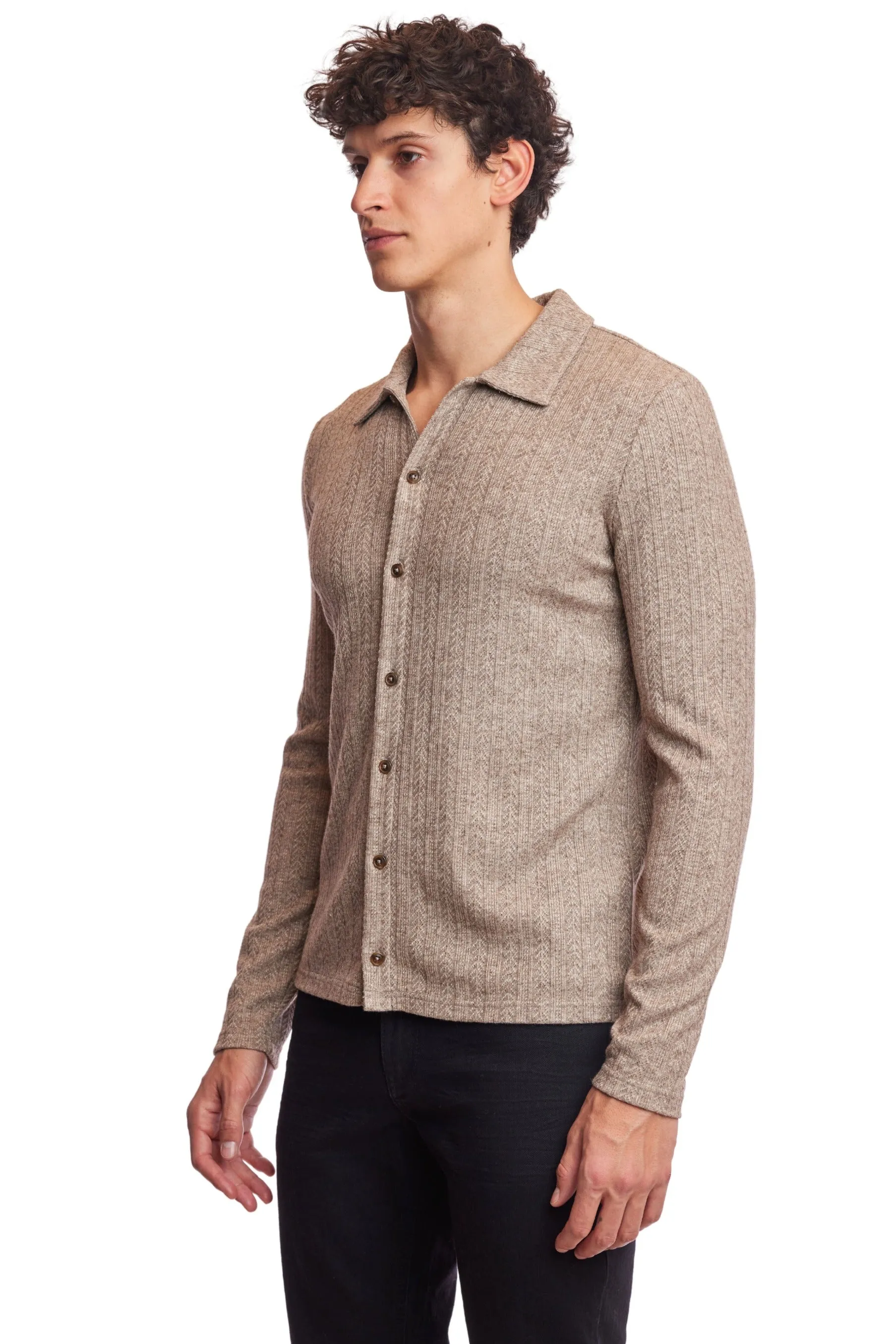 L/S Pointelle Full Button Polo - Heather Beige