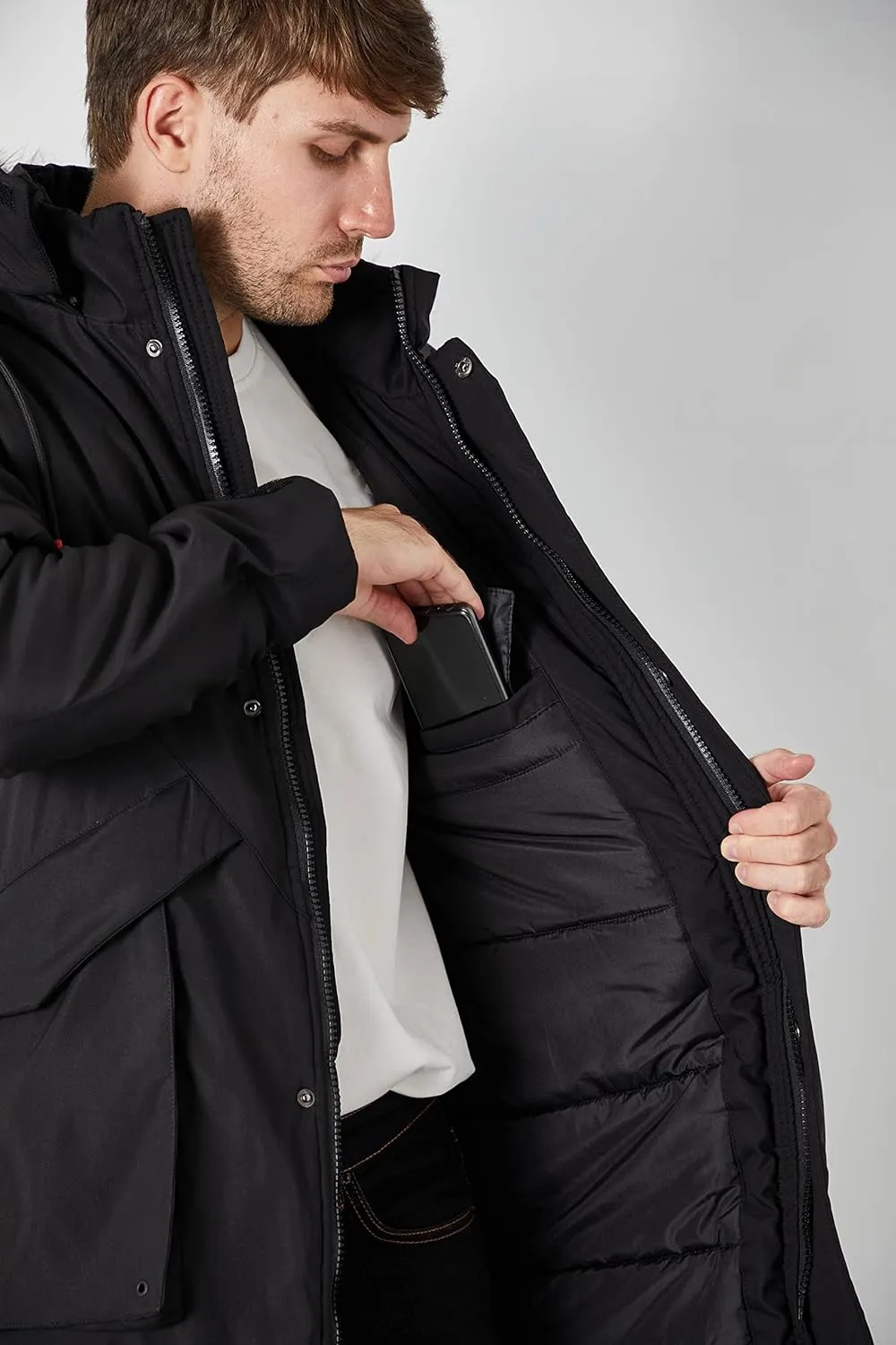 Men's Red Winter Hooded Parka Cargo Long Sleeve Coat