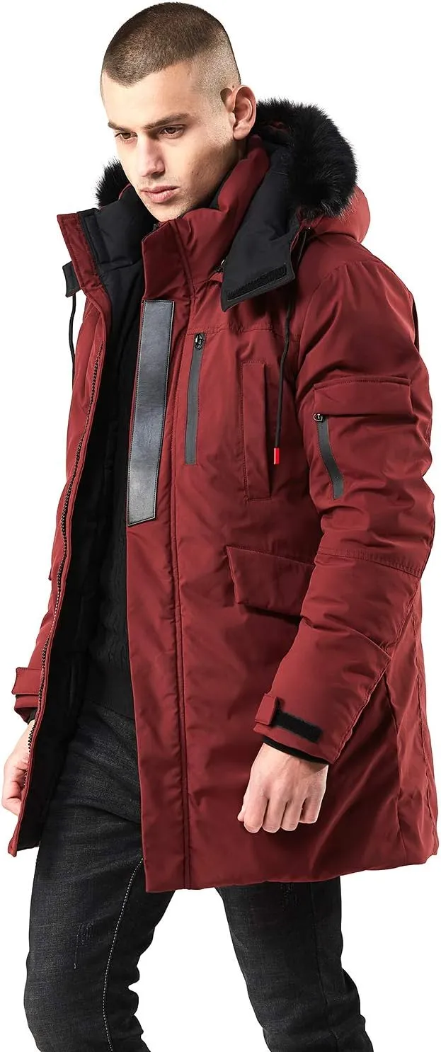 Men's Red Winter Hooded Parka Cargo Long Sleeve Coat
