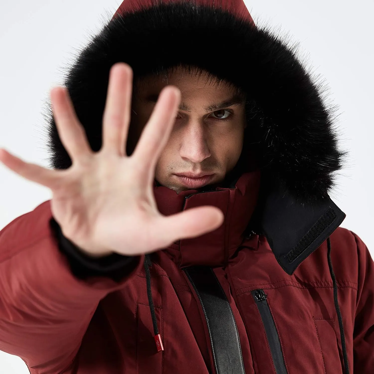 Men's Red Winter Hooded Parka Cargo Long Sleeve Coat