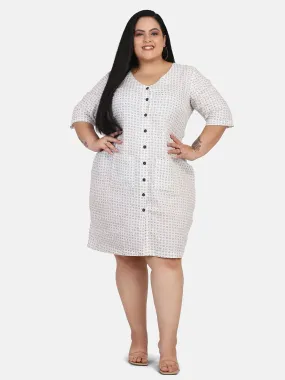Off White with Blue Print Linen Dress