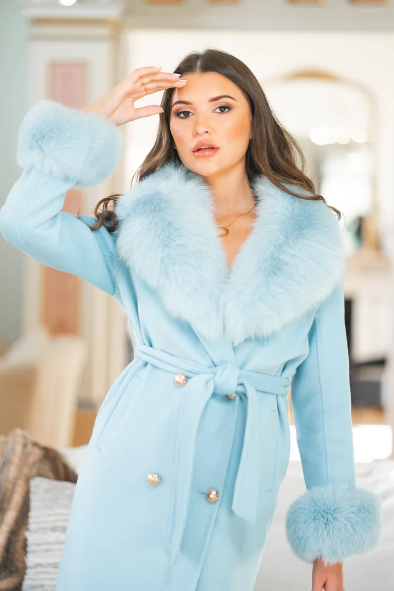 Pastel Blue Luxury Fur Cashmere Coat