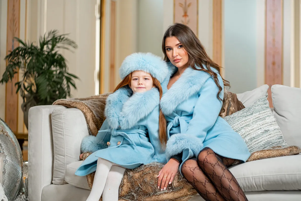 Pastel Blue Luxury Fur Cashmere Coat