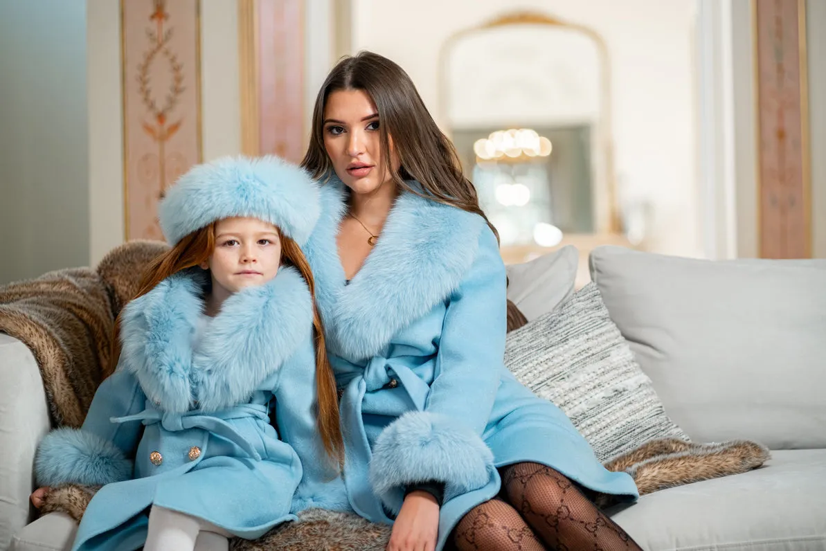 Pastel Blue Luxury Fur Cashmere Coat