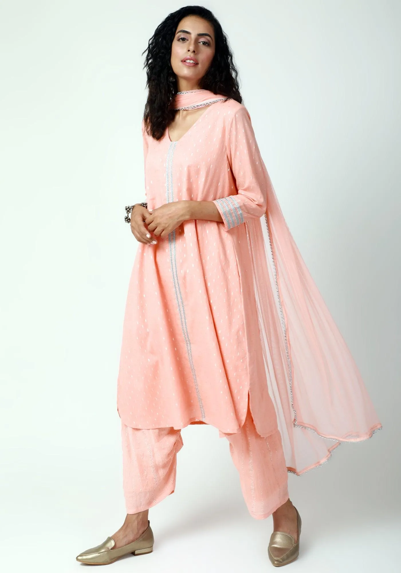 Peach Silver Laced Kurta- Ruffled Pant-Dupatta