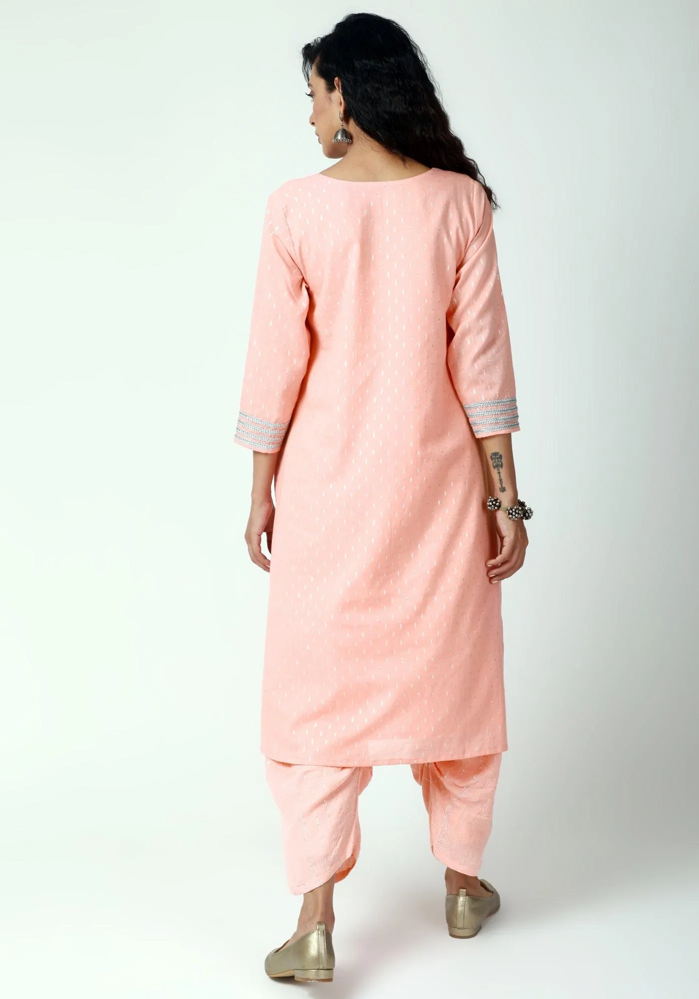 Peach Silver Laced Kurta- Ruffled Pant-Dupatta