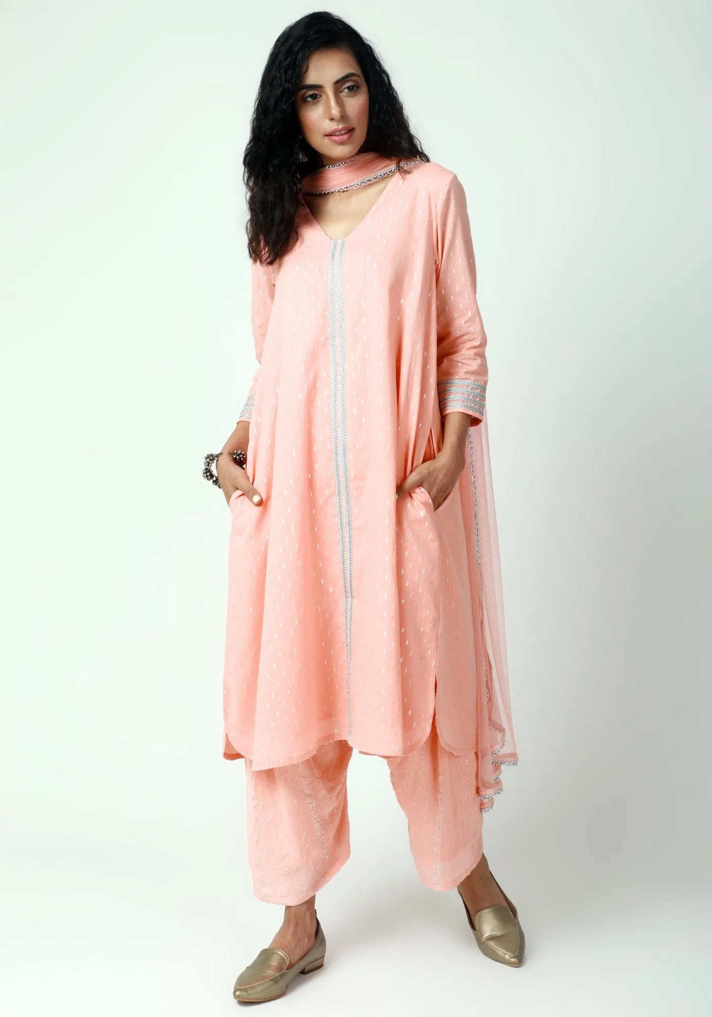 Peach Silver Laced Kurta- Ruffled Pant-Dupatta
