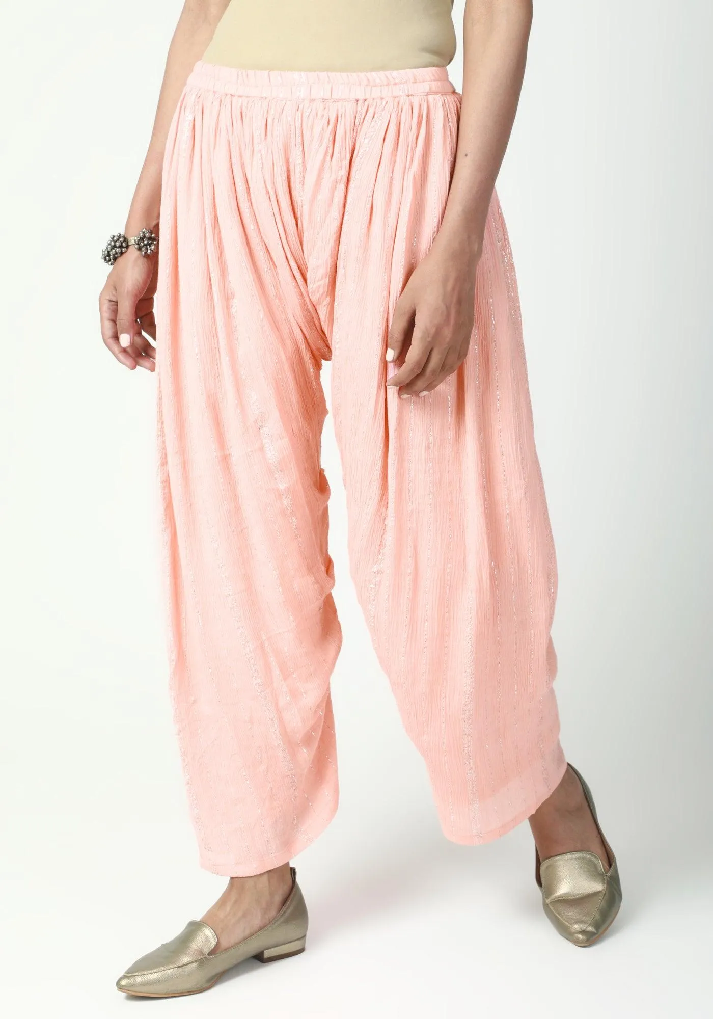 Peach Silver Laced Kurta- Ruffled Pant-Dupatta