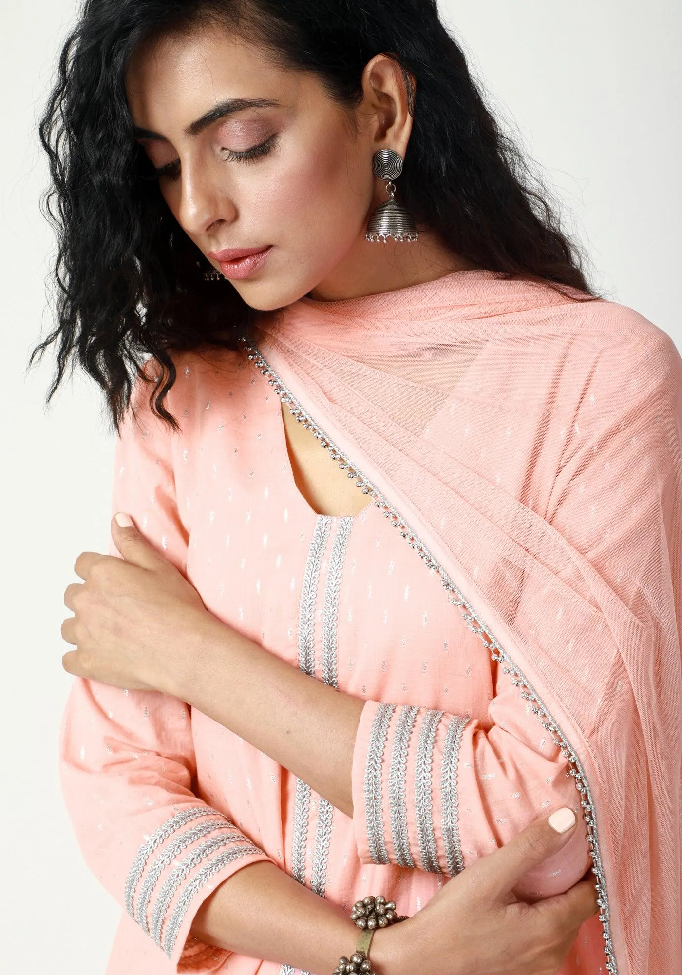 Peach Silver Laced Kurta- Ruffled Pant-Dupatta