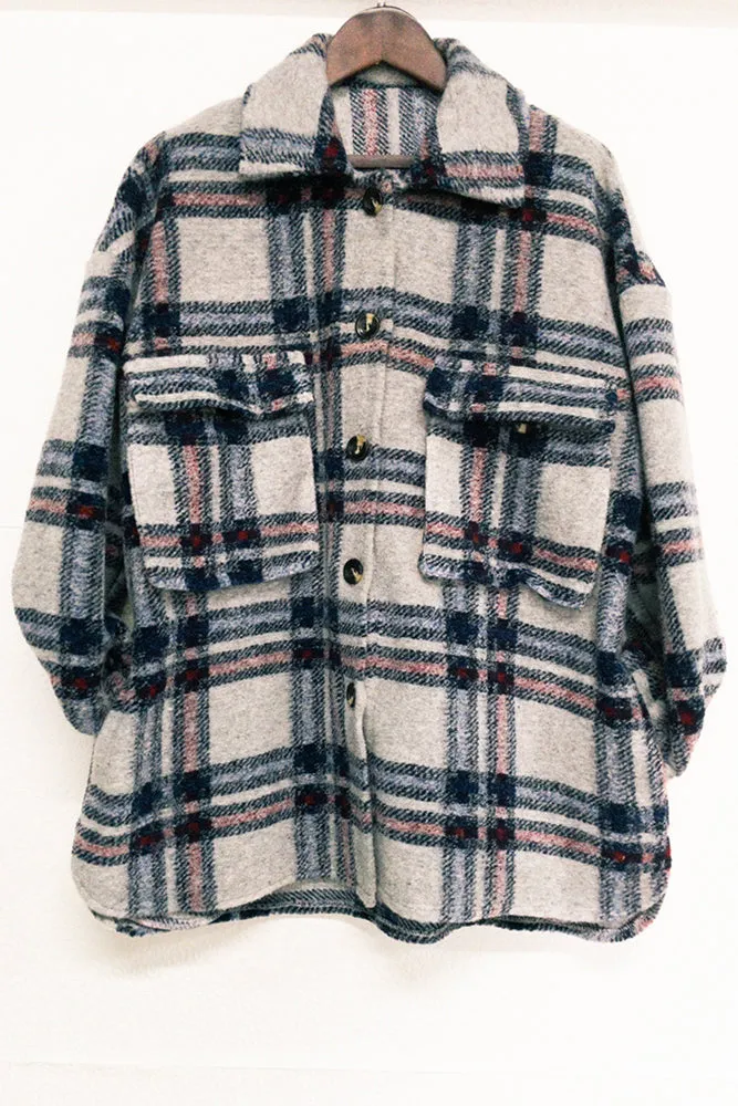 Plaid Pockets Open Button Oversize Winter Outfits Jackets