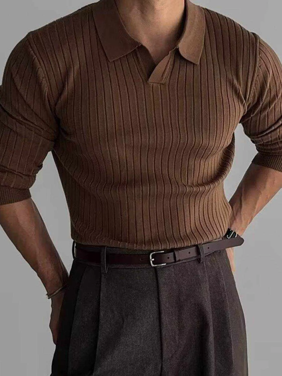 Plus Size Collared Neck Long Sleeve Polo