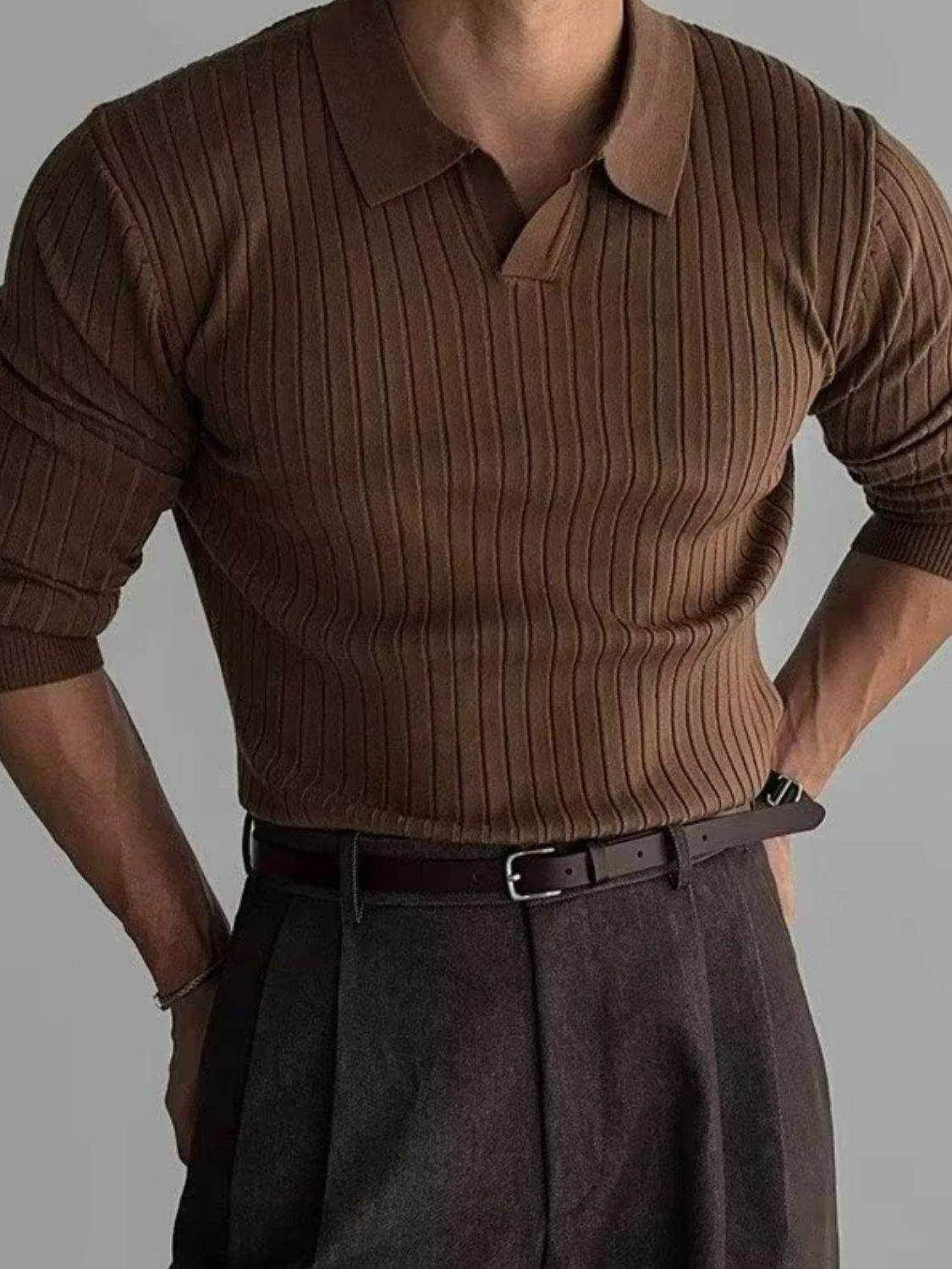Plus Size Collared Neck Long Sleeve Polo