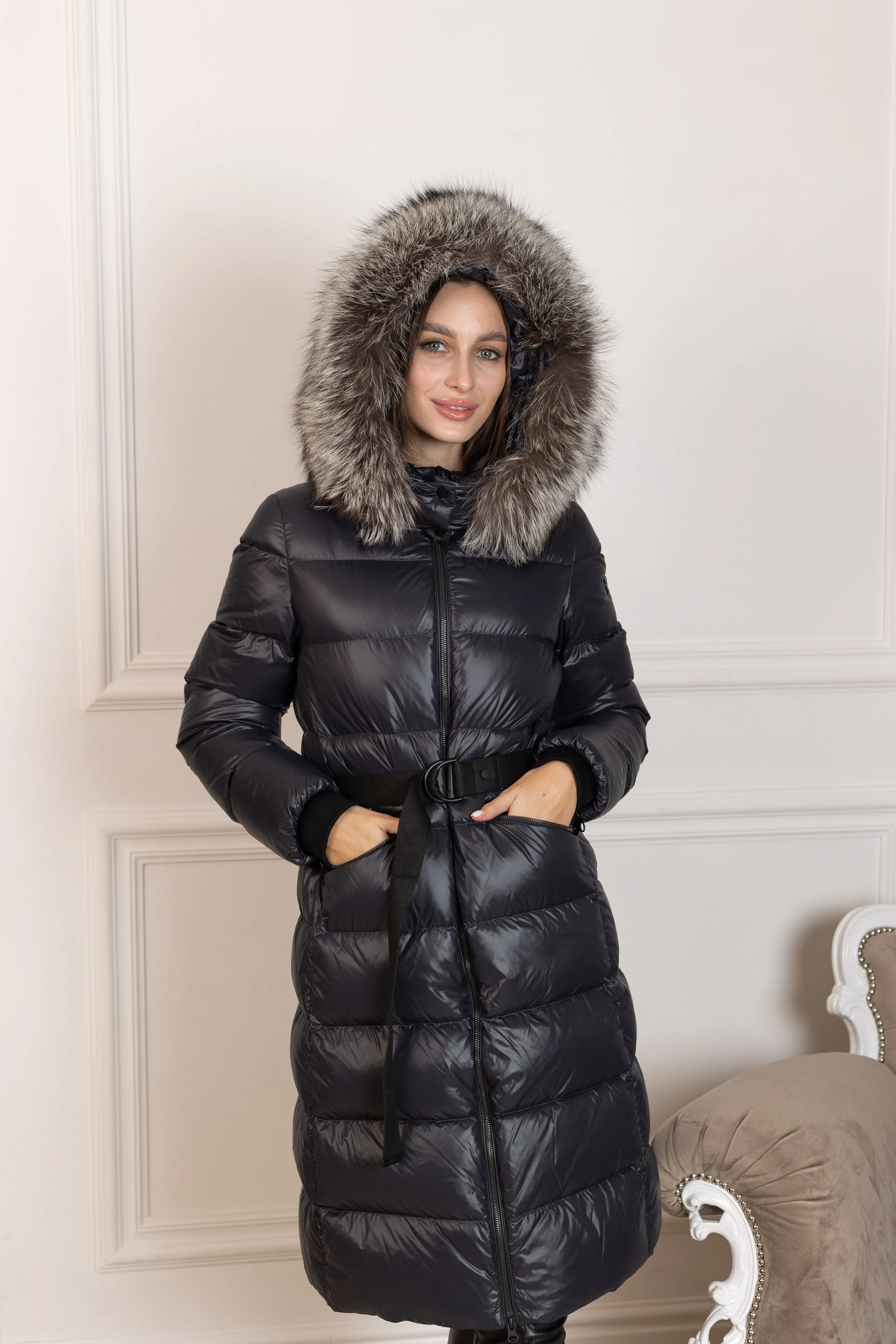 Pre-order. Ships November 16. Genuine Silver Fox Fur Trim Down Fill Coat