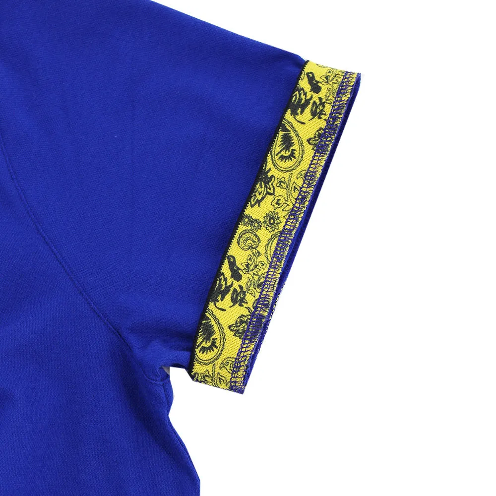 Sax Polo with Double Sided Navy and Yellow Paisley Print Collar