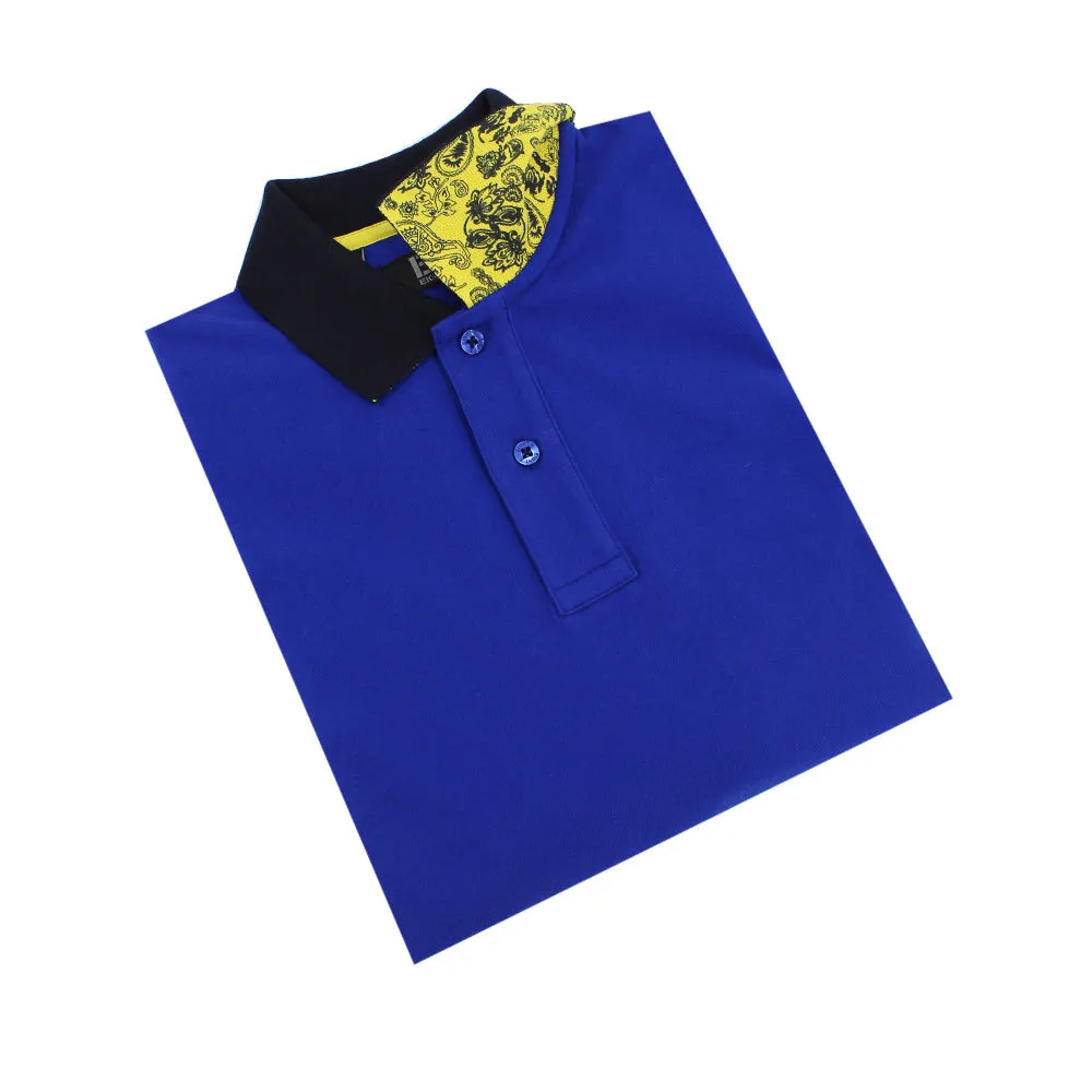 Sax Polo with Double Sided Navy and Yellow Paisley Print Collar