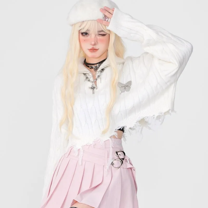 Sweet Girly Style Pink Polo Collar Short Sweater