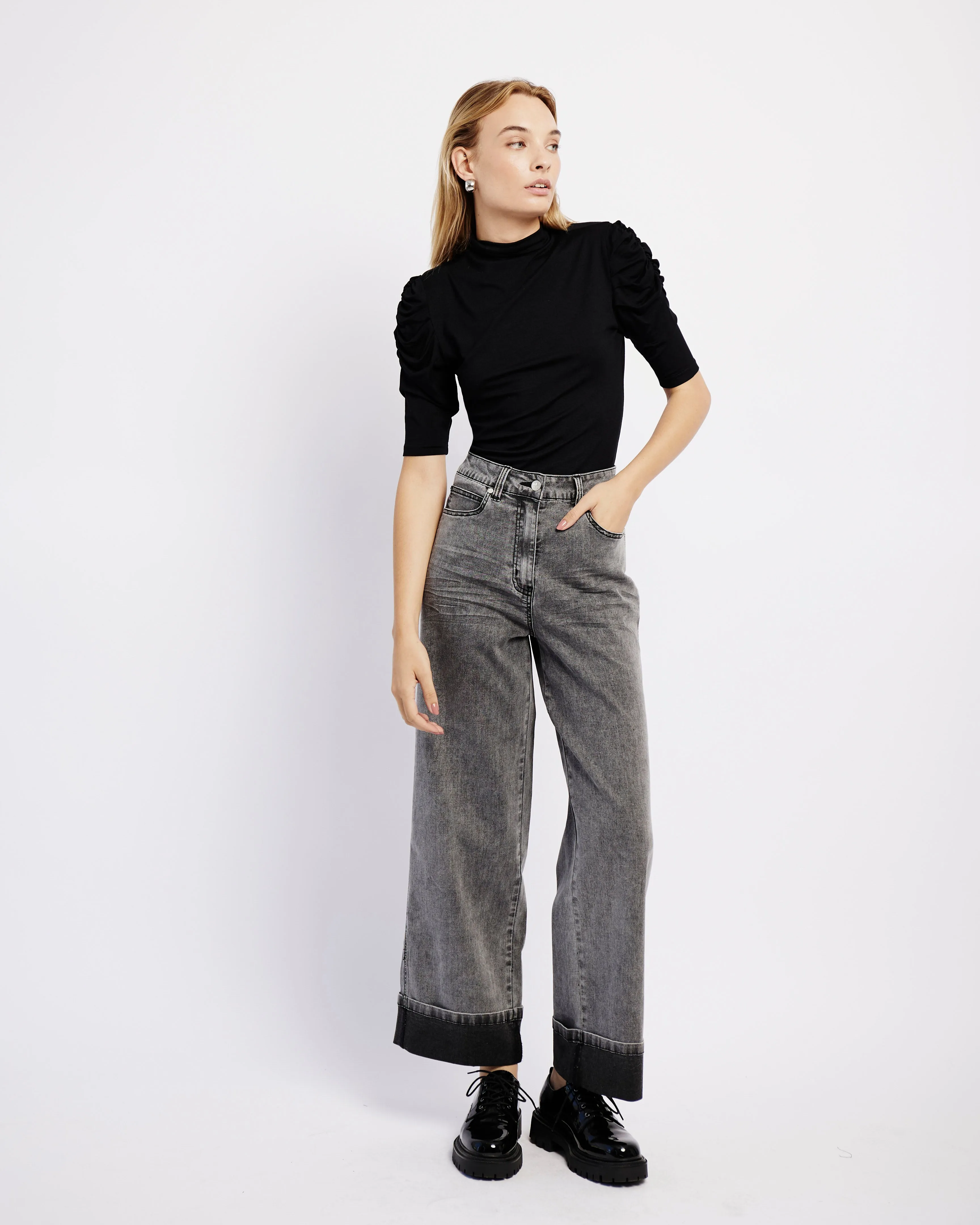 The Luxe Essential Polo with Draped Sleeve in Black