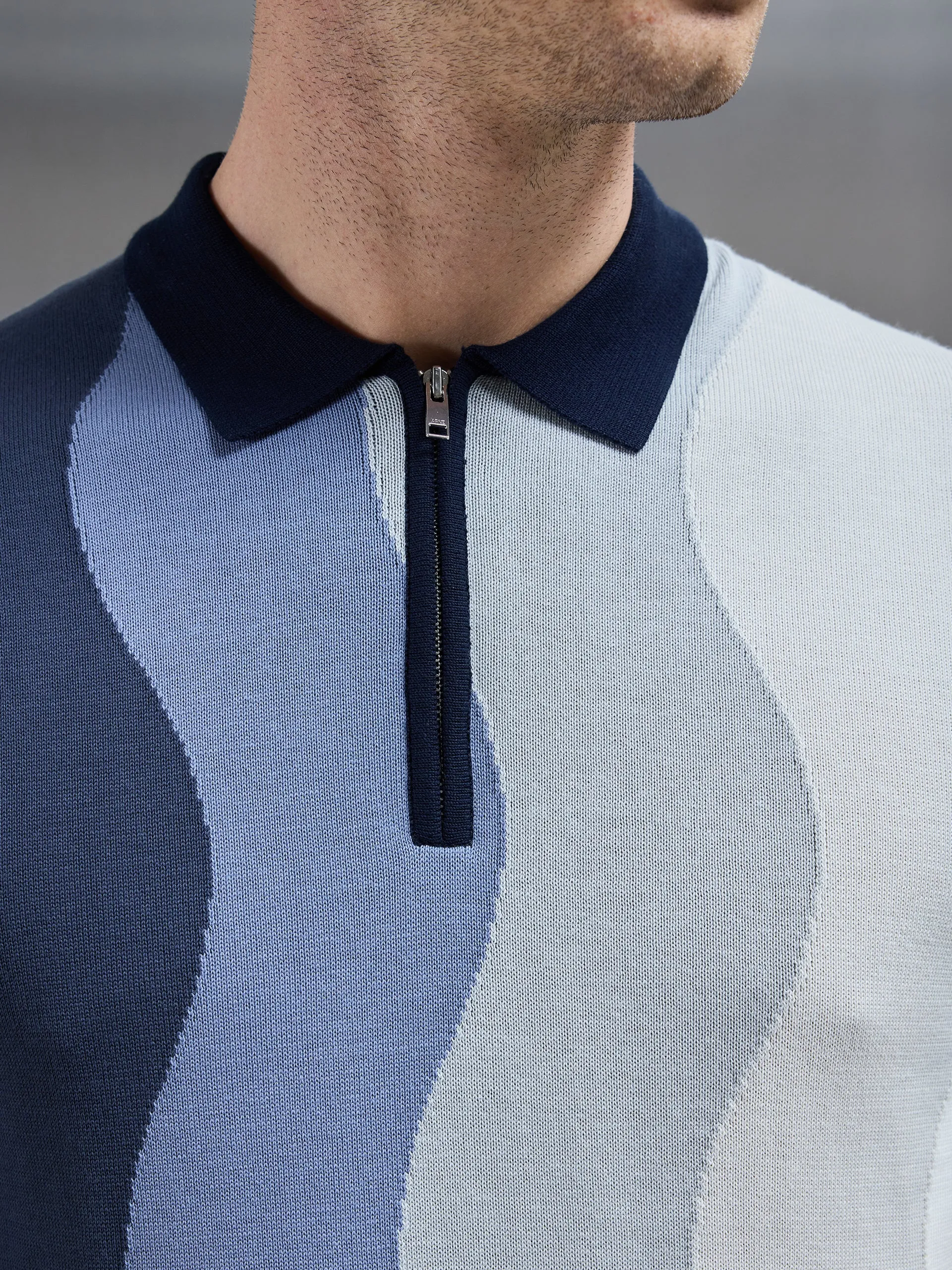 Wave Knitted Zip Polo Shirt in Navy