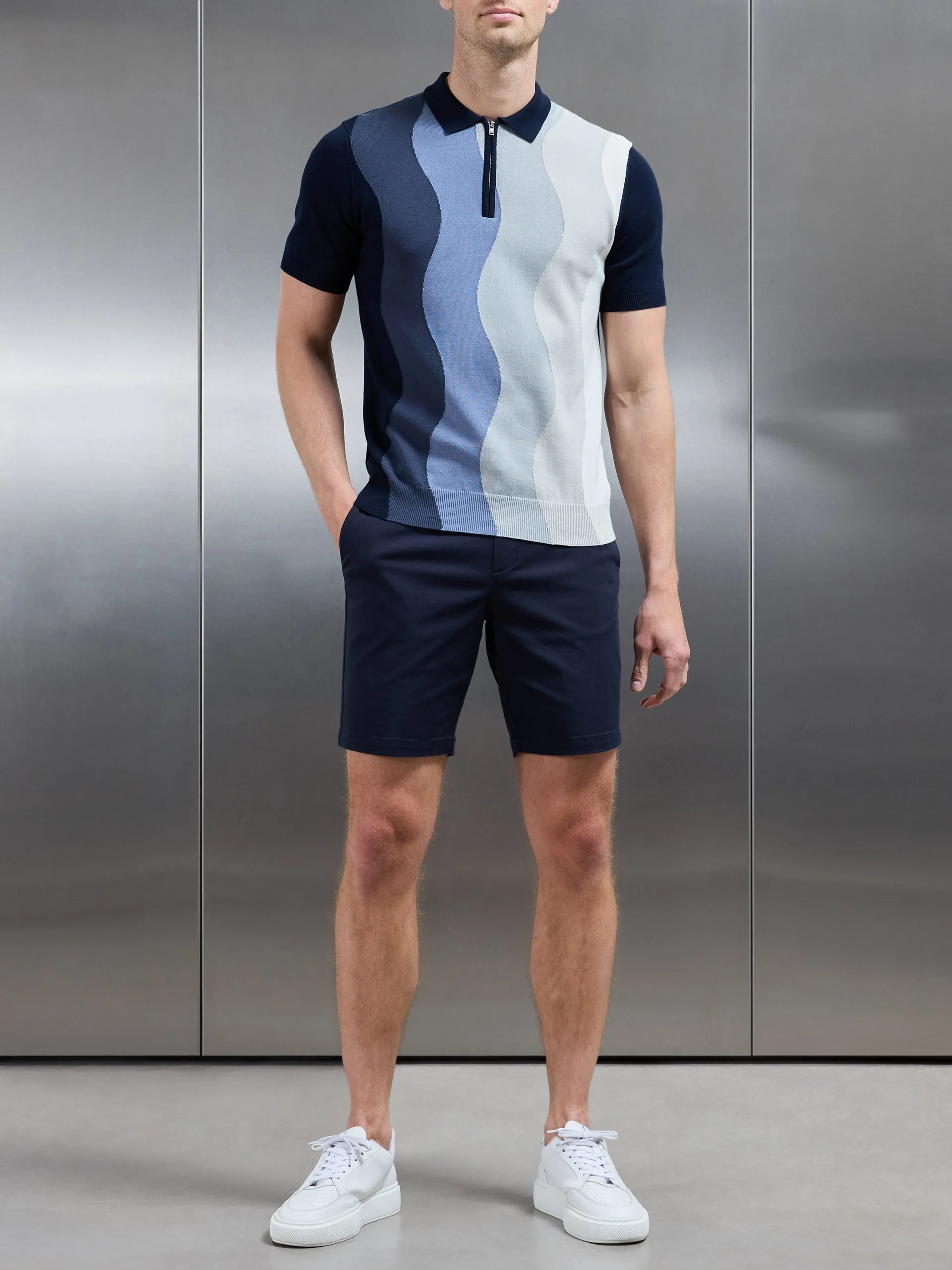 Wave Knitted Zip Polo Shirt in Navy