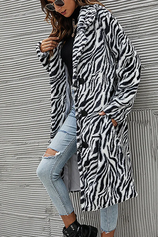 Winter Outfits Black Animal Striped Lapel Collar Long Length Coat