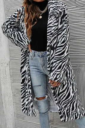 Winter Outfits Black Animal Striped Lapel Collar Long Length Coat