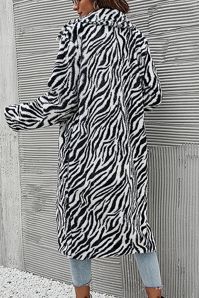 Winter Outfits Black Animal Striped Lapel Collar Long Length Coat