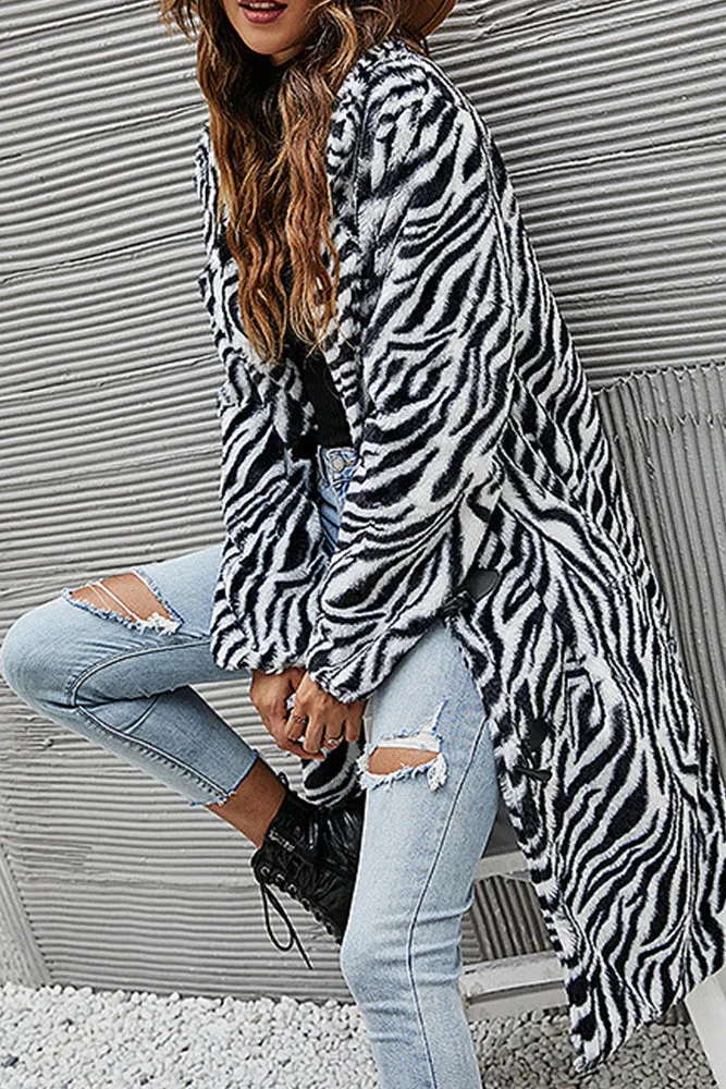 Winter Outfits Black Animal Striped Lapel Collar Long Length Coat