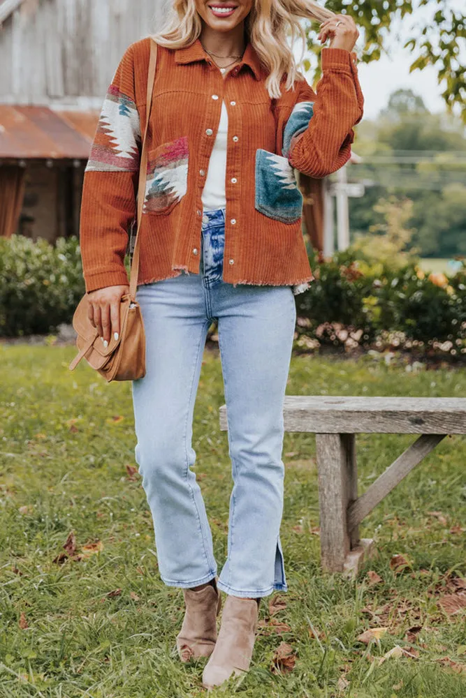 Winter Outfits Brown Open Button Aztec Patchwork Corduroy Jackets